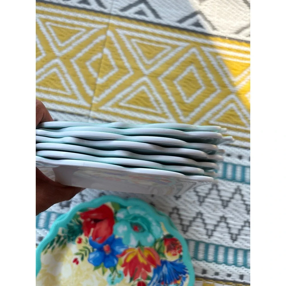 Pioneer Woman Melamine Salad Plate Set 9in Floral Patchwork Scalloped Teal 10pc